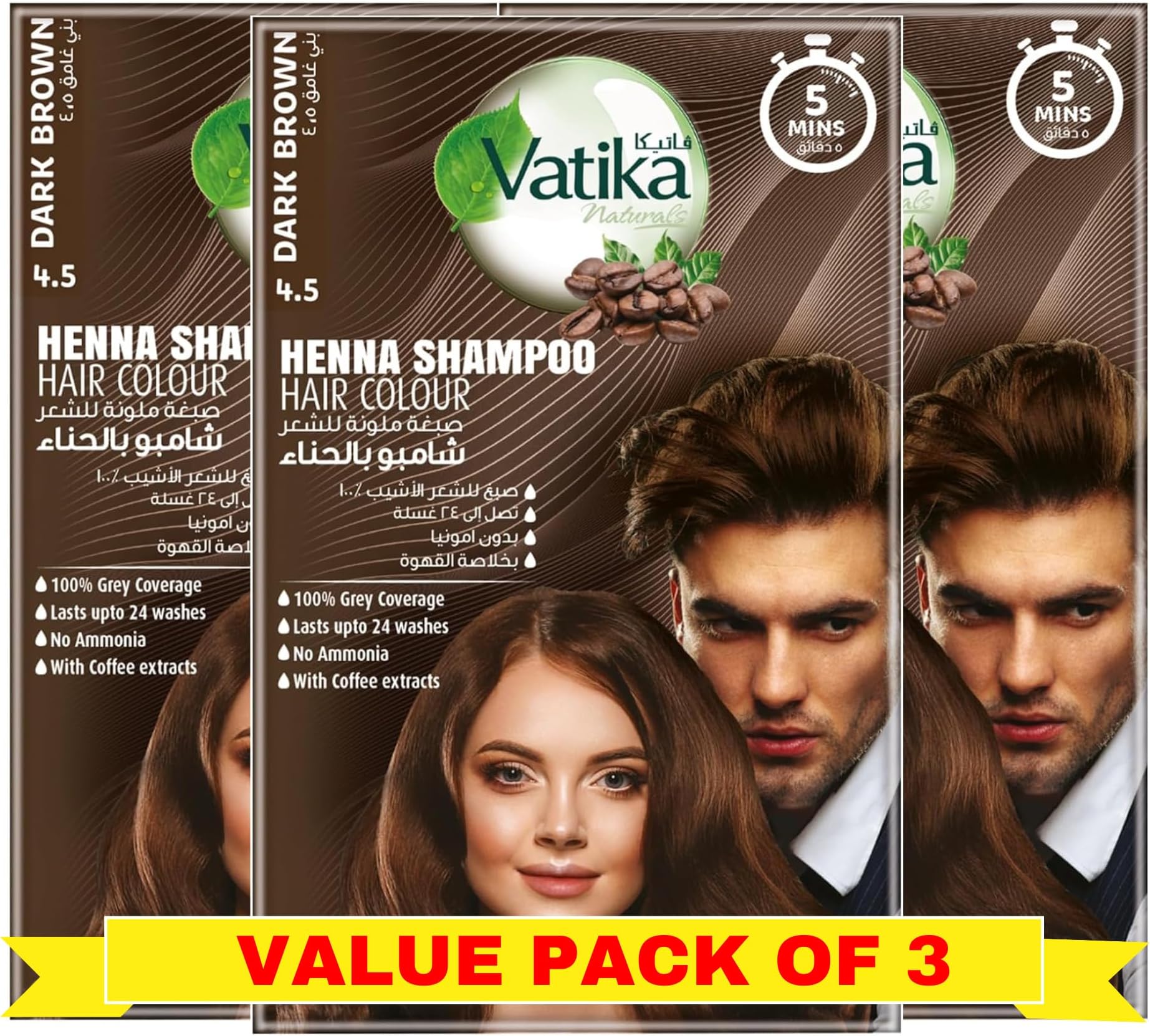 Vatika Naturals Instant Henna Shampoo Hair Colour Dark Brown (3 x 20ml + Gloves) | With Coffee Extracts | 100% Grey Coverage in 5 Minutes | No Ammonia | Lasts Up to 24 Washes