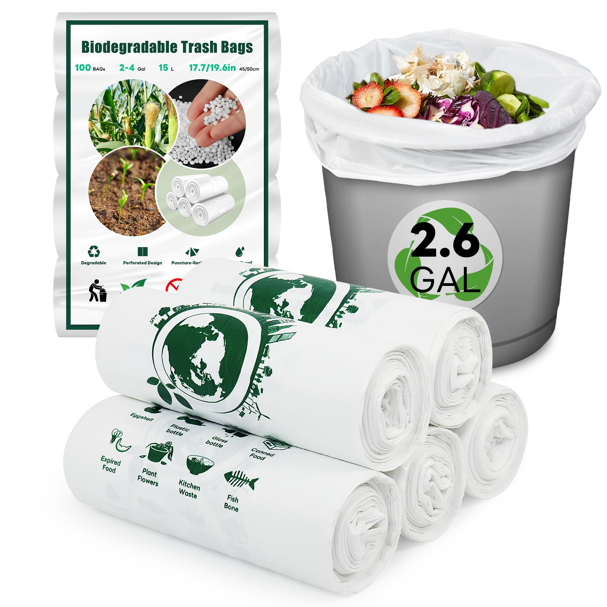 Goodaily White Bin Bags 100Pcs, 15 Liter Small Biodegradable Bin Liner Compost Rubbish Bags, 100% Recycled, Tough, Degradable Trash Bags For Household, Office, Kitchen Food Waste(Fits 2-4 Gallon Bins)