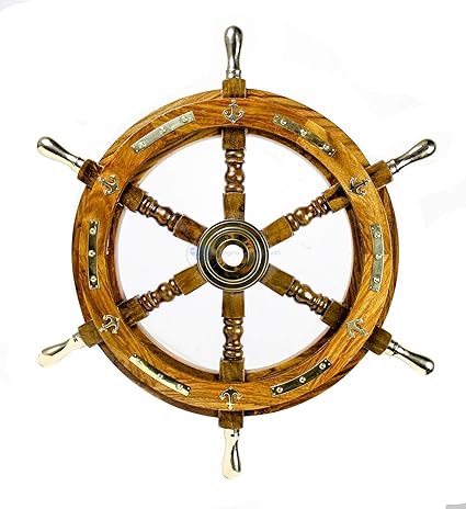 Nagina International Nautical Premium Sailor's Hand Crafted Brass & Wooden Ship Wheel | Luxury Gift Decor | Boat Collectibles (16 Inches, Anchor & Strips With Brass Handles)