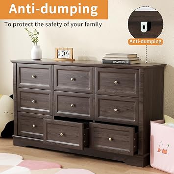 KIGOTY Farmhouse 9 Drawer Dresser for Bedroom, 53.2 Wide Chest of Drawers, Wooden Bedroom Dressers with Natural Texture,TV Stand, Storage Cabinet with Vintage Handle(Brown)