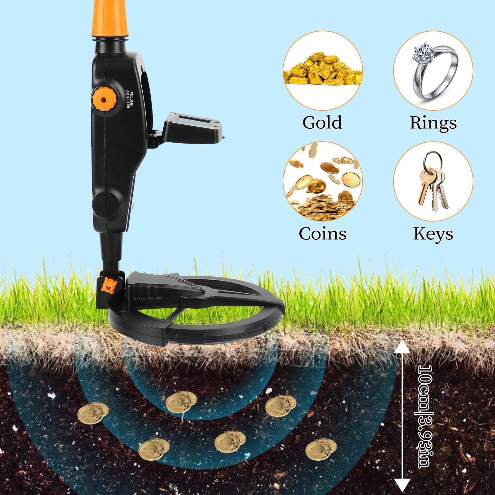 Metalldetektor Kinder, Metal Detector mit LCD und Tonanzeige, Leichtgewicht Metalldetektor Set mit wasserdichter Suchspule, mit Schaufel, Rechen und Rucksack, für Kinder oder Anfänger