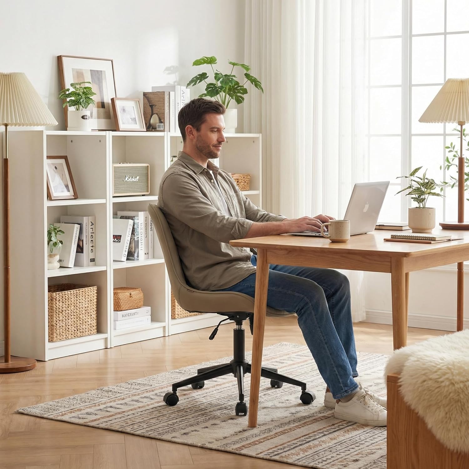 YOUNIKE Office Chair, Desk Chair with Wheels, Home Office Computer Task Chairs, Modern Faux Leather Padded Vanity Chair, Adjustable Swivel Armless Office Chairs with Back, Khaki - Image 5