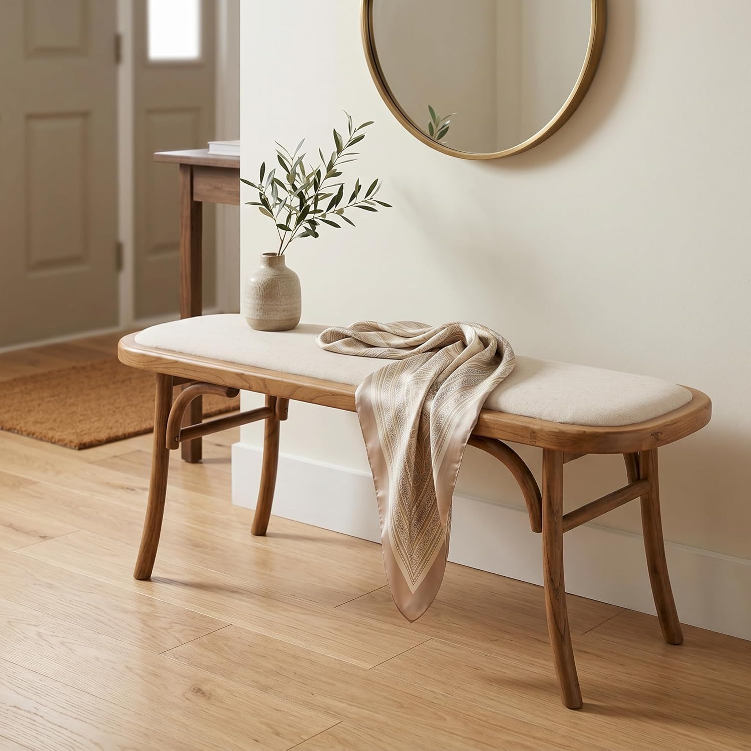 Farmhouse Wood Dining Bench with Padded Seat, Boho Accent Bench for Entryway Bedroom End of Bed Kitchen Window Small Spaces