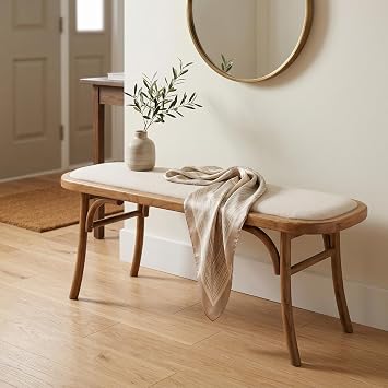 مقعد طعام من Farmhouse Wood مع مقعد مبطن ، مقعد Boho Accent للدخول إلى غرفة النوم نهاية نافذة مطبخ السرير مساحات صغيرة