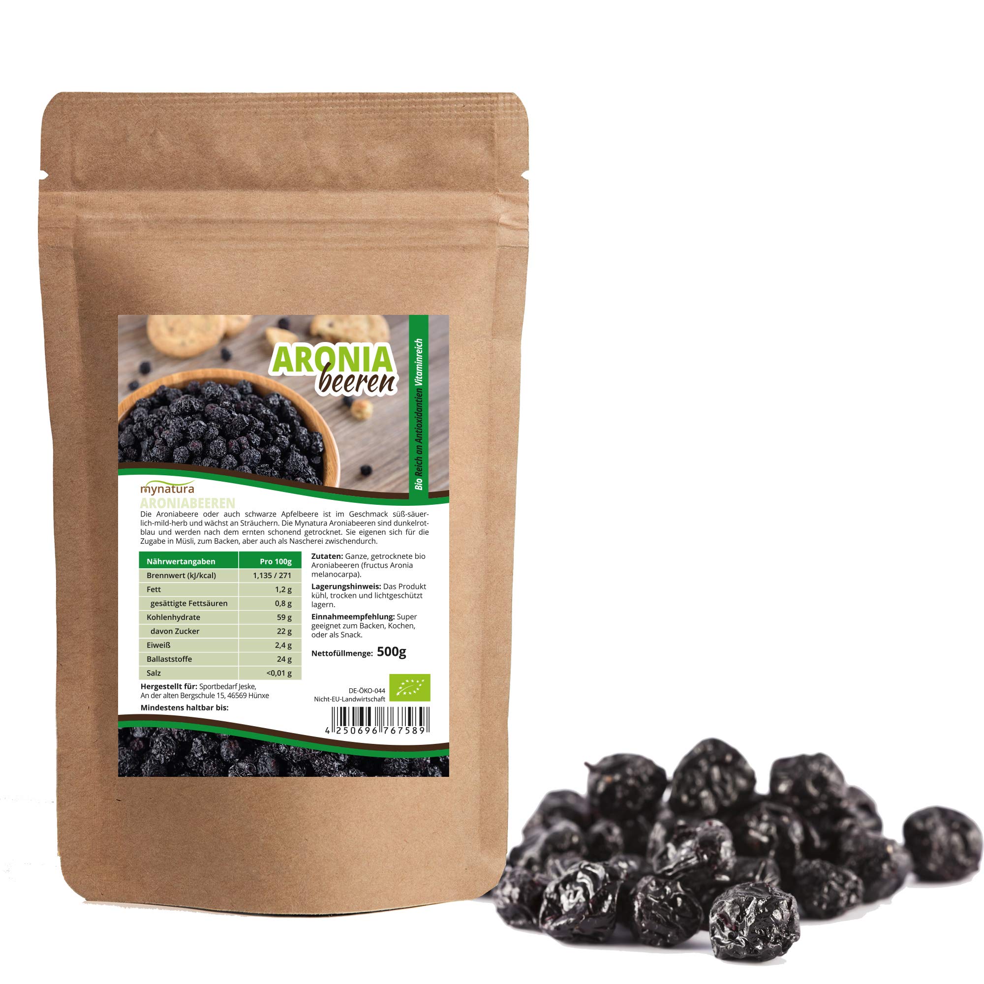 Mynatura Bio Aroniabeeren 1000g – Getrocknete Aronia-Beeren I Superfood I Süß-säuerlich I Antioxidantien I Vitamine I Vegan I Rohkost I DE-ÖKO-044 I 2000g