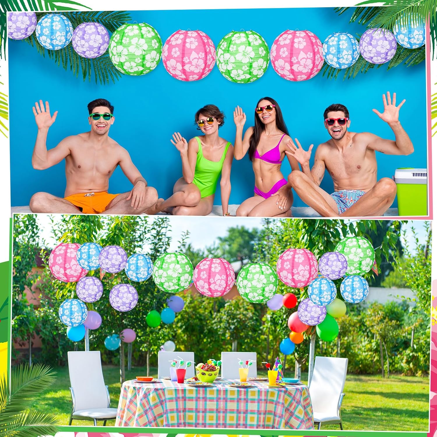 Baquler 12 Pcs Summer Hibiscus Flowers Paper Lanterns 8'' 12'' Pastel Round Hanging Paper Lanterns Tropical Flower Hawaiian Hanging Party Decorations for Summer Beach Birthday Wedding Bar Aloha Party