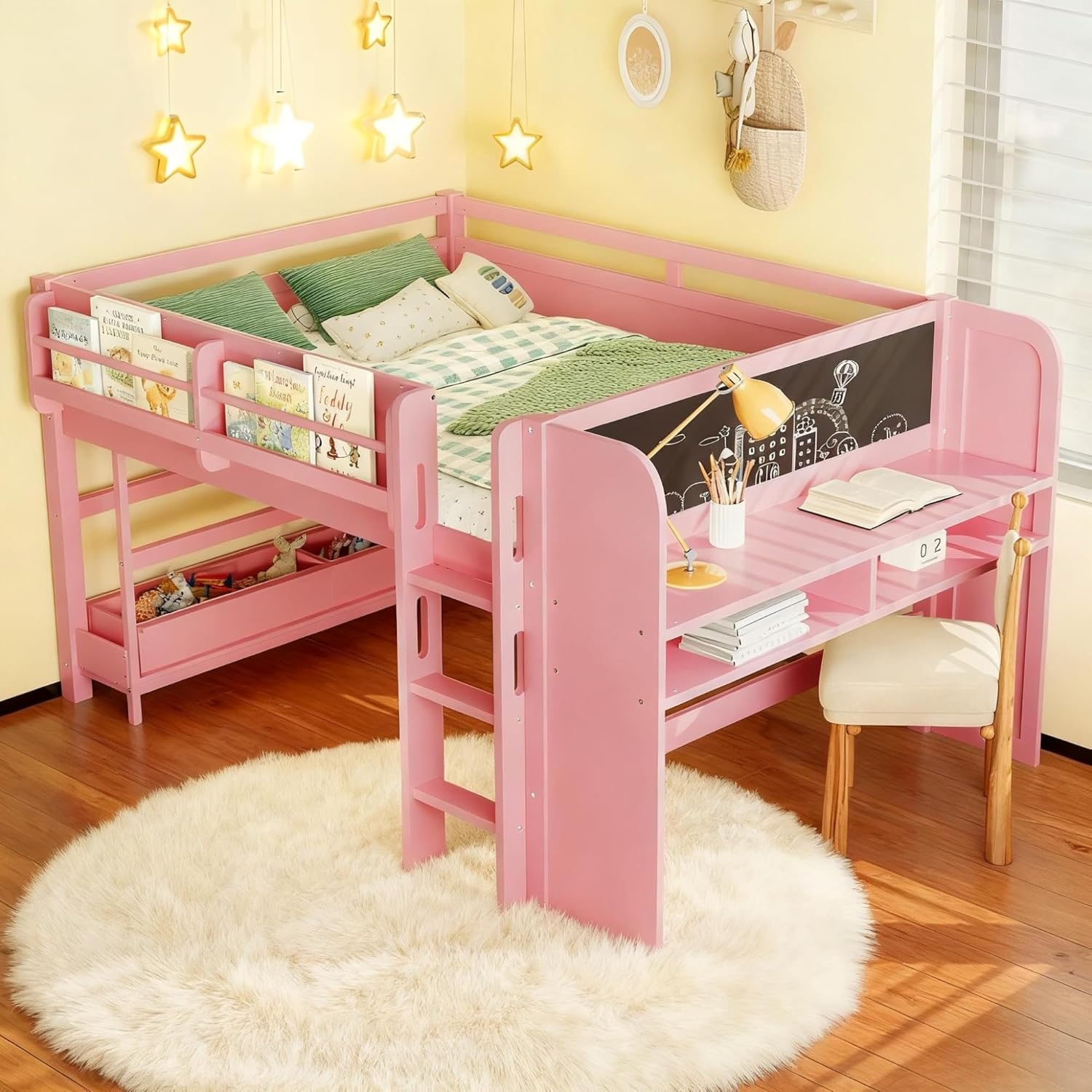 Bellemave Full Loft Bed with Storage Boxes and Bookshelves, Solid Wood Kids Loft Bed with Desk and Blackboard, Low Loft Beds Frame for Kids, Girls, Boys, Childlike Design, Pink