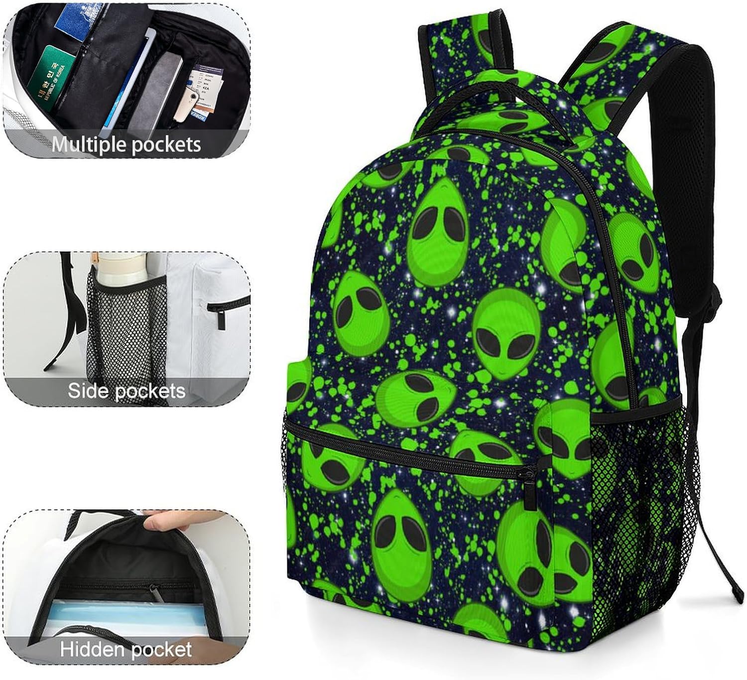 Alien Sky Green Lightweight Travel Backpack With Zipped Front Pocket Printed Laptop Bag Fashion Casual Daypack For Work, Hiking, Camping Unisex - Image 5