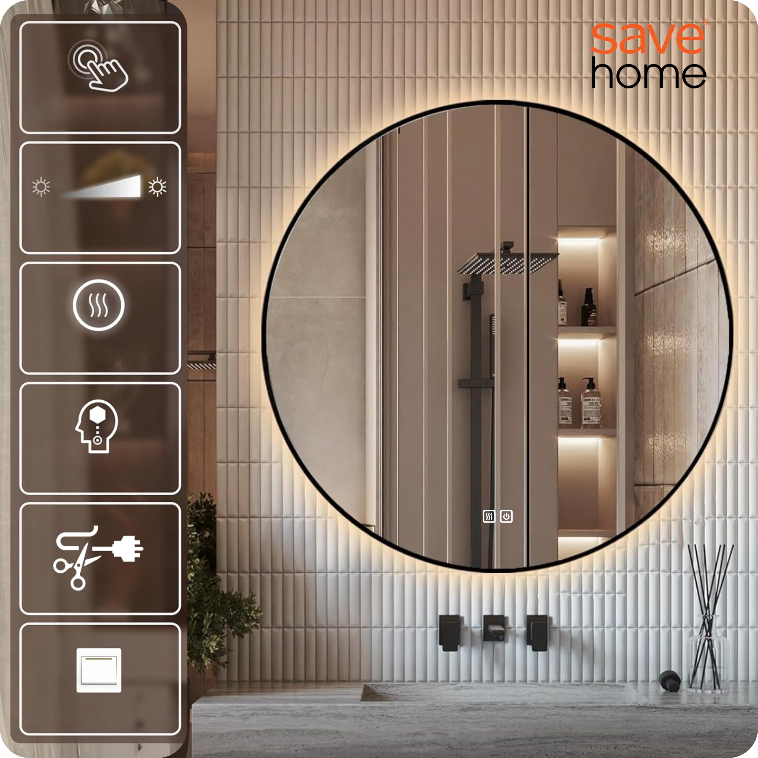 Bad-Wandspiegel rund 80 cm LED Beleuchtet mit RAHMEN LOFT ANTI-FOG 3 Lichtfarben Spiegel mit Farbeinstellung und Helligkeitseinstellung - Einstellbereich - IP44 - Groß Modern für Badezimmer