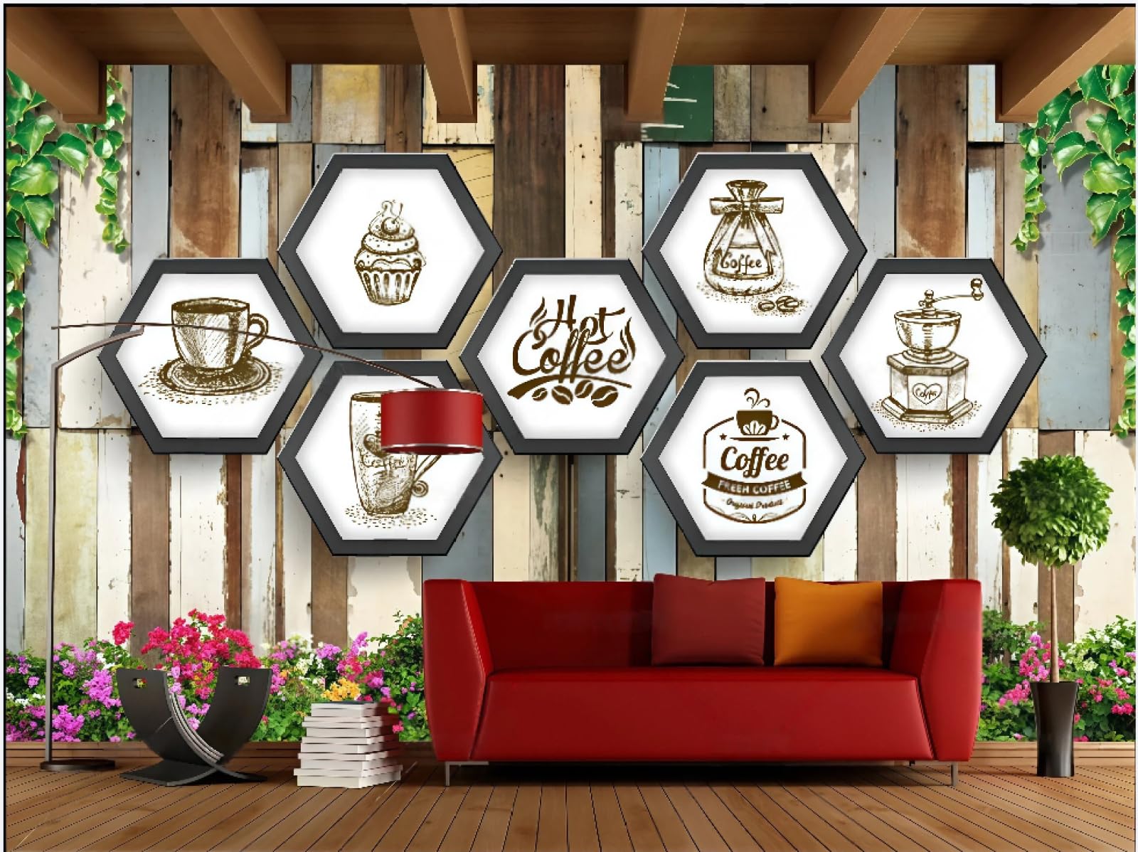 rskjdghshd Wallpaper Retro Wooden Board Three-Dimensional Coffee Letters Rose Flower Wall Afternoon Tea Cake Shop Catering Background Wall Western Restaurant Wallpaper Cafe Mural,3D,250x175cm