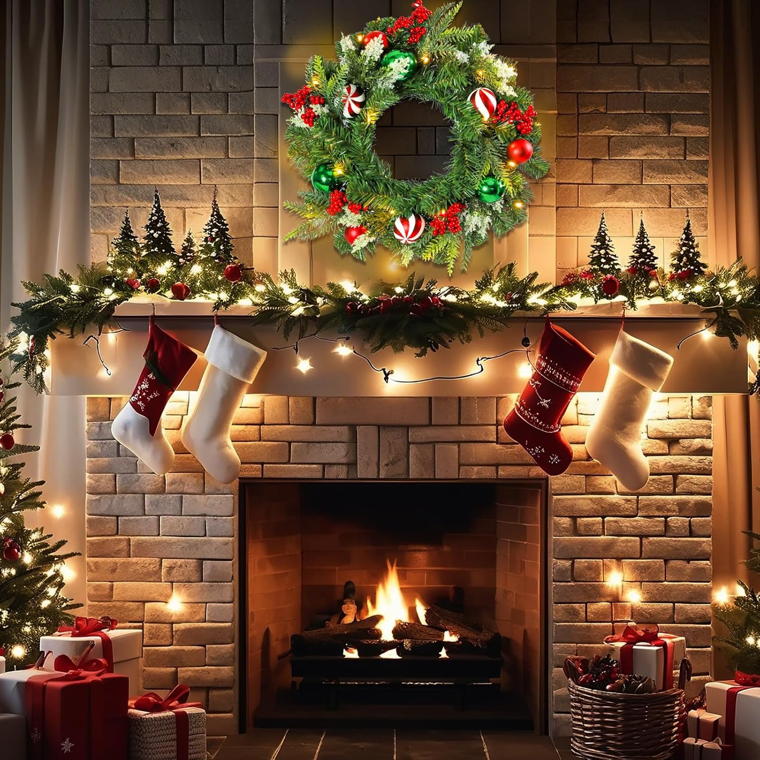 Yinns 20 Inch Large Pre-Lit Christmas Wreath with Light for Front Door with LED Lights for Indoor Outdoor Window Fireplace Home Decoration