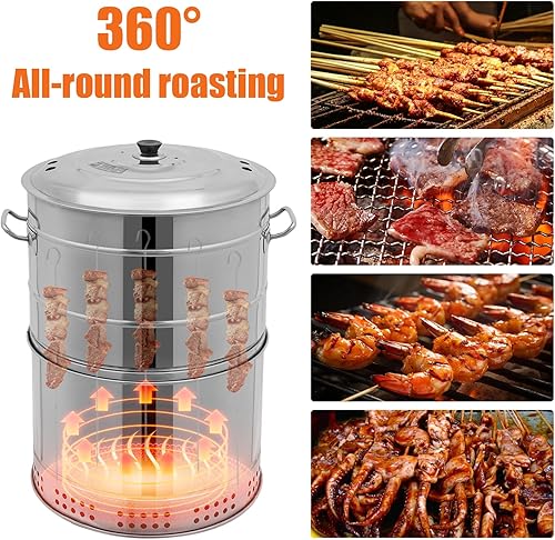 Miniatura 3 de Parrillas de carbón portátiles grandes, parrilla de barbacoa de carbón inoxidable 360 sin humo al aire libre con 50 brochetas, parrilla para ahumar