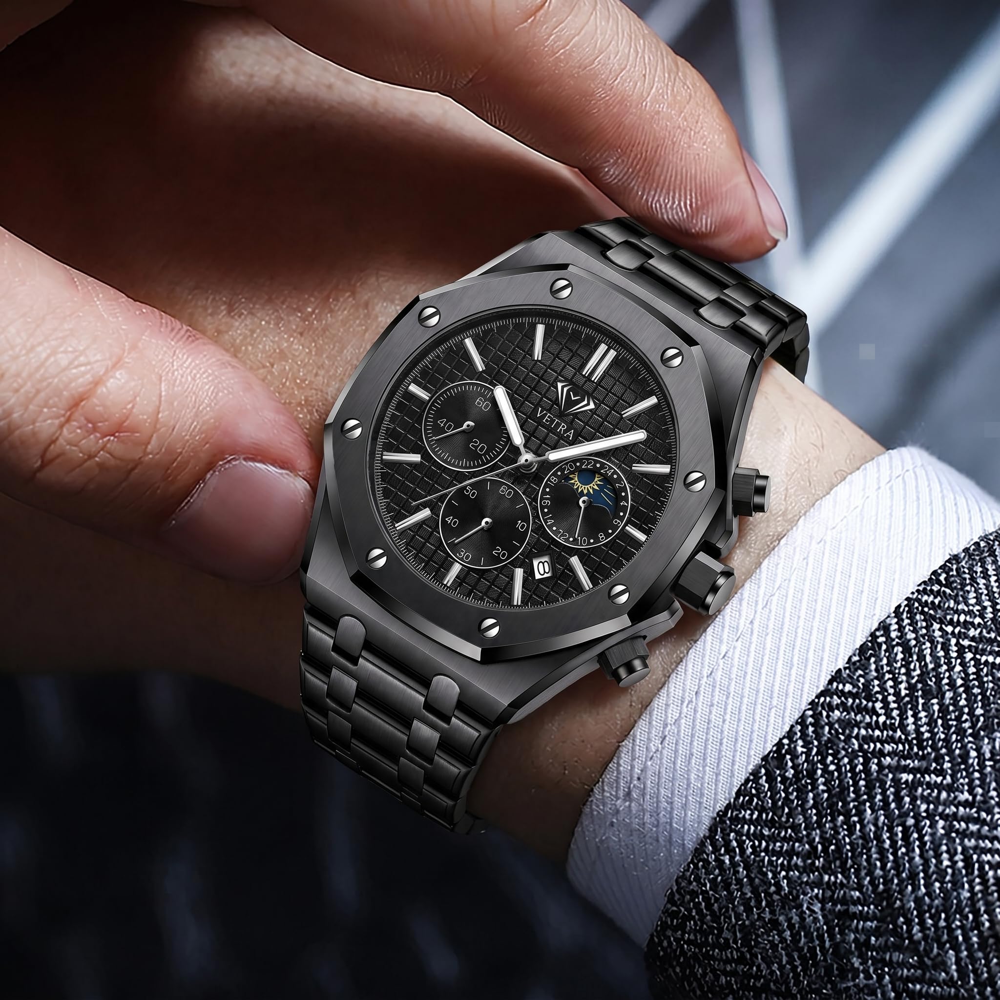 Vetra Orologi da uomo ottagonali di lusso multifunzione orologi per uomo analogico fasi lunari quadrante nero in acciaio inossidabile luminoso 30 m impermeabile data regalo per uomo Relojes para