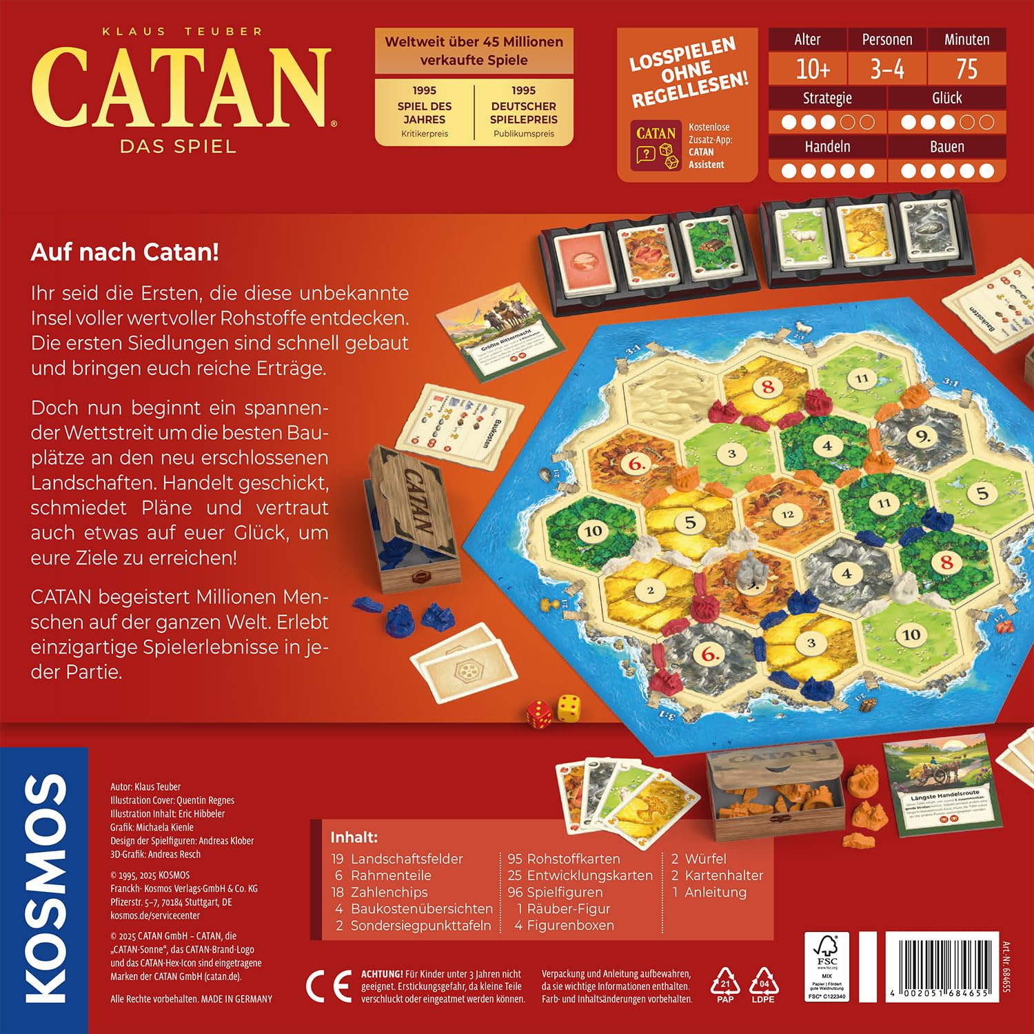 KOSMOS 684655 Catan - Das Spiel, Basisspiel Siedler von Catan, Strategiespiel für 3-4 Personen ab 10 Jahren, Brettspiel-Klassiker, Familienspiel, Gesellschaftsspiel