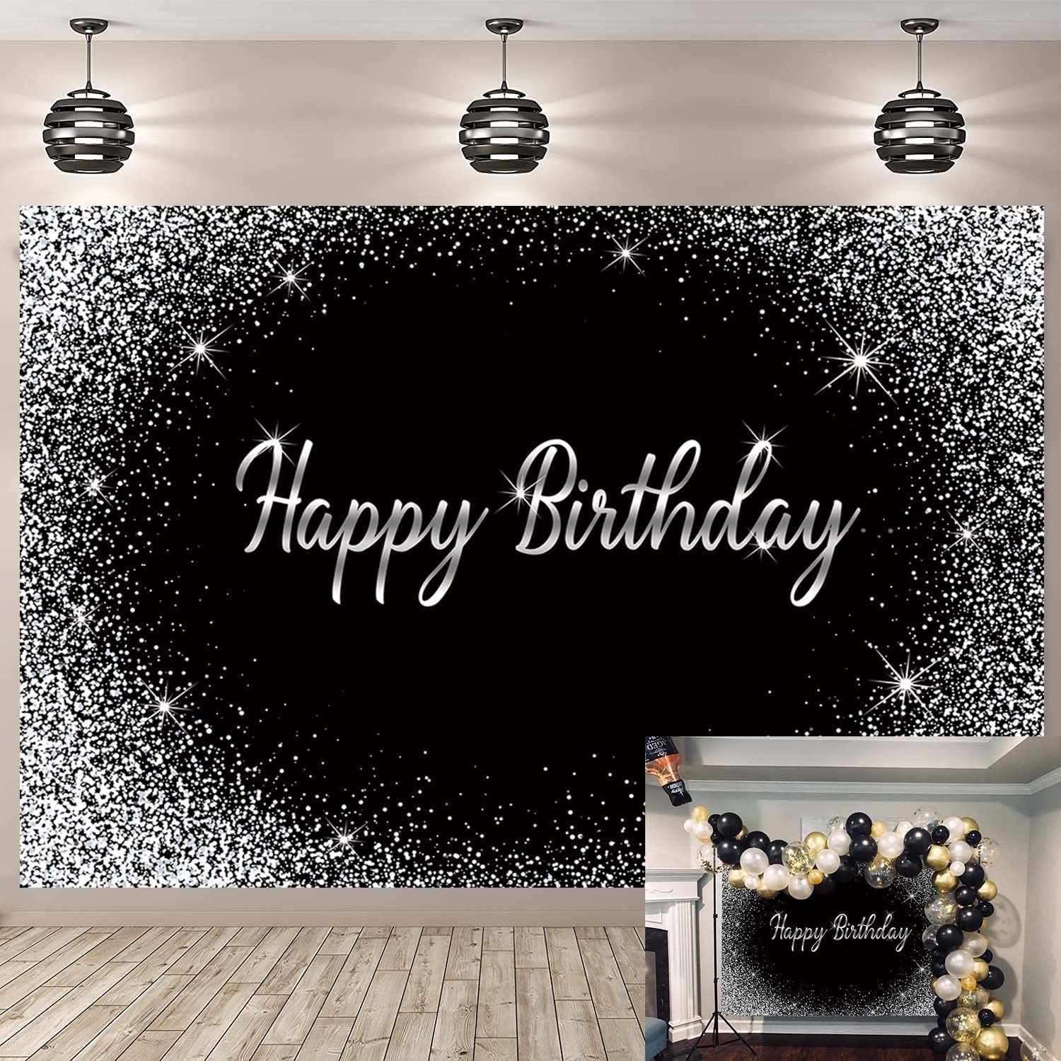 Black Happy Birthday Backdrop Glitter Silver Dot Photography Background Birthday Party Decoration Banner Cake Table Dessert Table Photo Supplies (