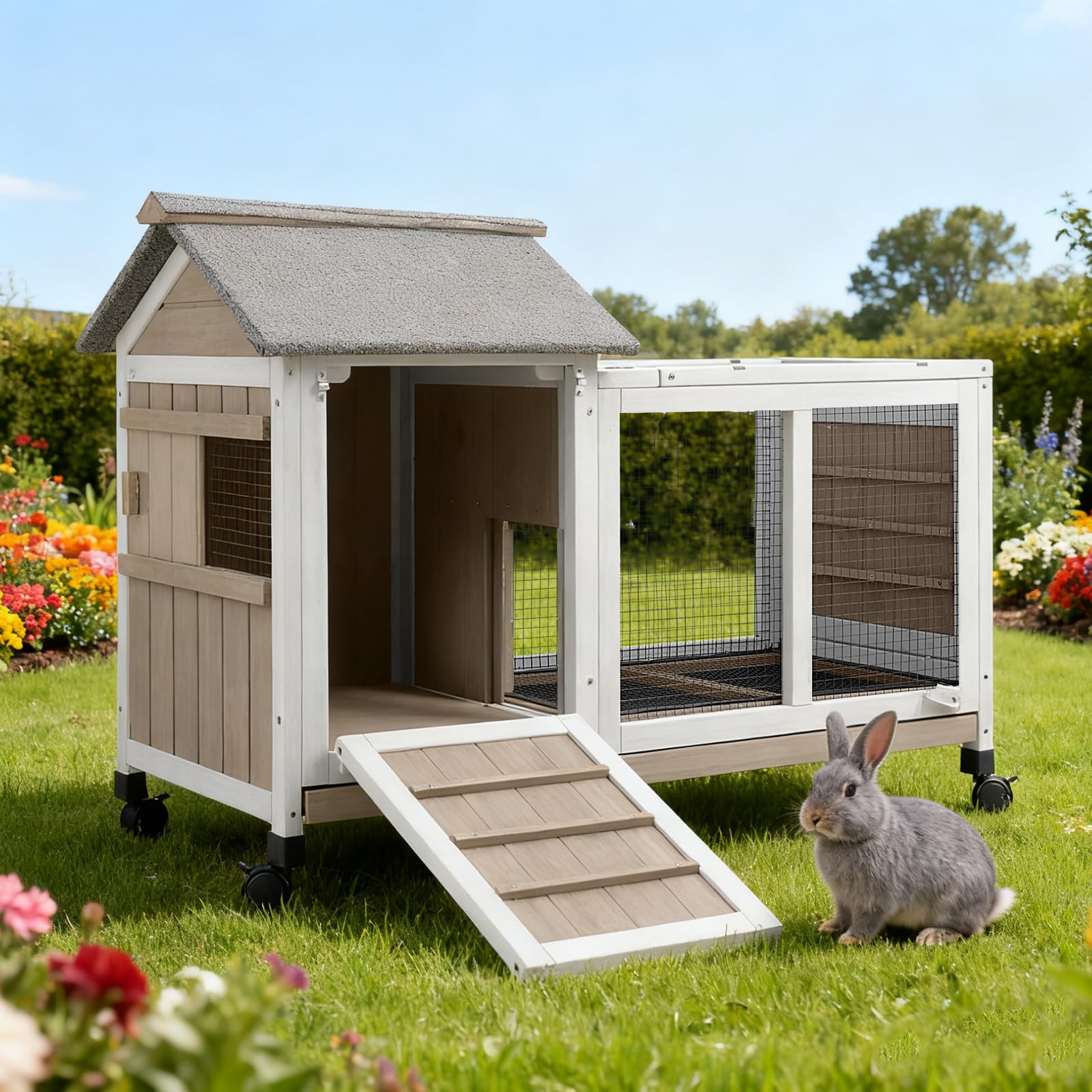 38''L Rabbit Hutch Outdoor with Wheels, Wooden Expandable 2 Story Bunny House Rabbit Cage Indoor with Run, Pull Out Tray, Waterproof Roof, Guinea Pig Cage Chicken Coop for Small to Medium Pets