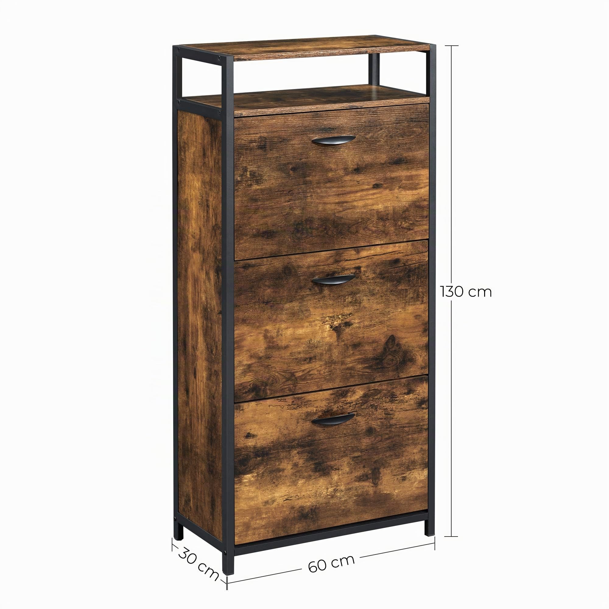 VASAGLE Armario Zapatero, Organizador de Zapatos con 3 Compartimentos Abatibles, para 12-18 Pares de Zapatos, a Prueba de Polvo, 30 x 60 x 130 cm, Entrada, Marrón Rústico y Negro LBS101B01