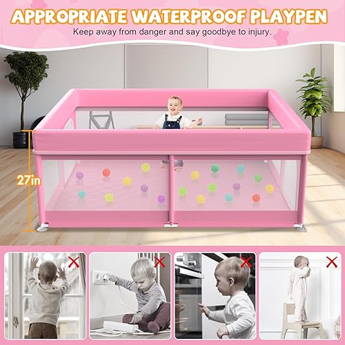 Miniatura 6 de Corralito para bebés de 79 x 71 pulgadas con tapete corralito grande para bebés y niños pequeños, corralito de juegos con puerta de bebé con malla