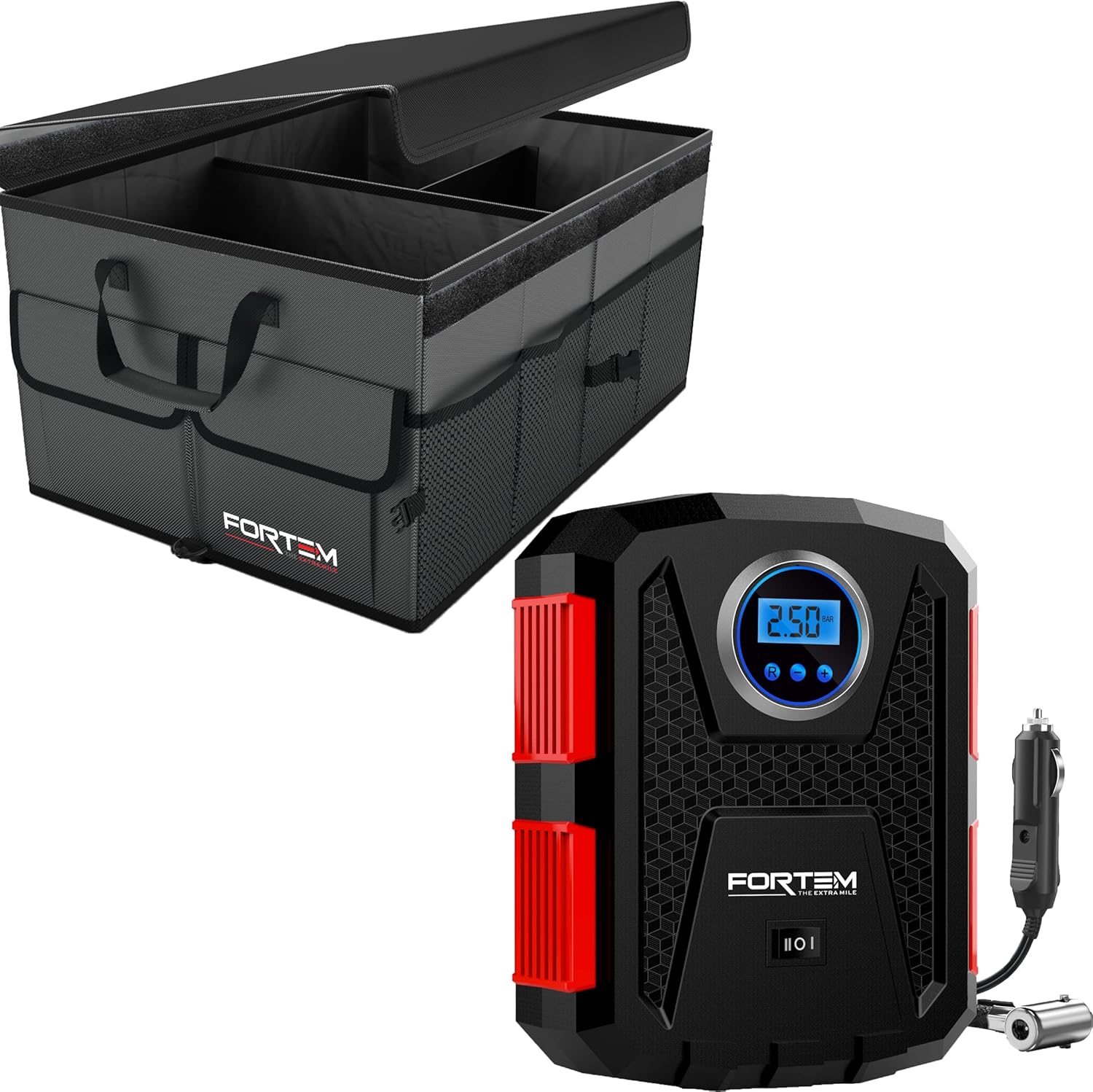 FORTEM Car Trunk Organizer (Grey, Large) + Portable Tire Inflator