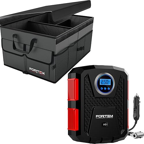 FORTEM Organizador de maletero de coche (gris, grande) + inflador de neumáticos portátil