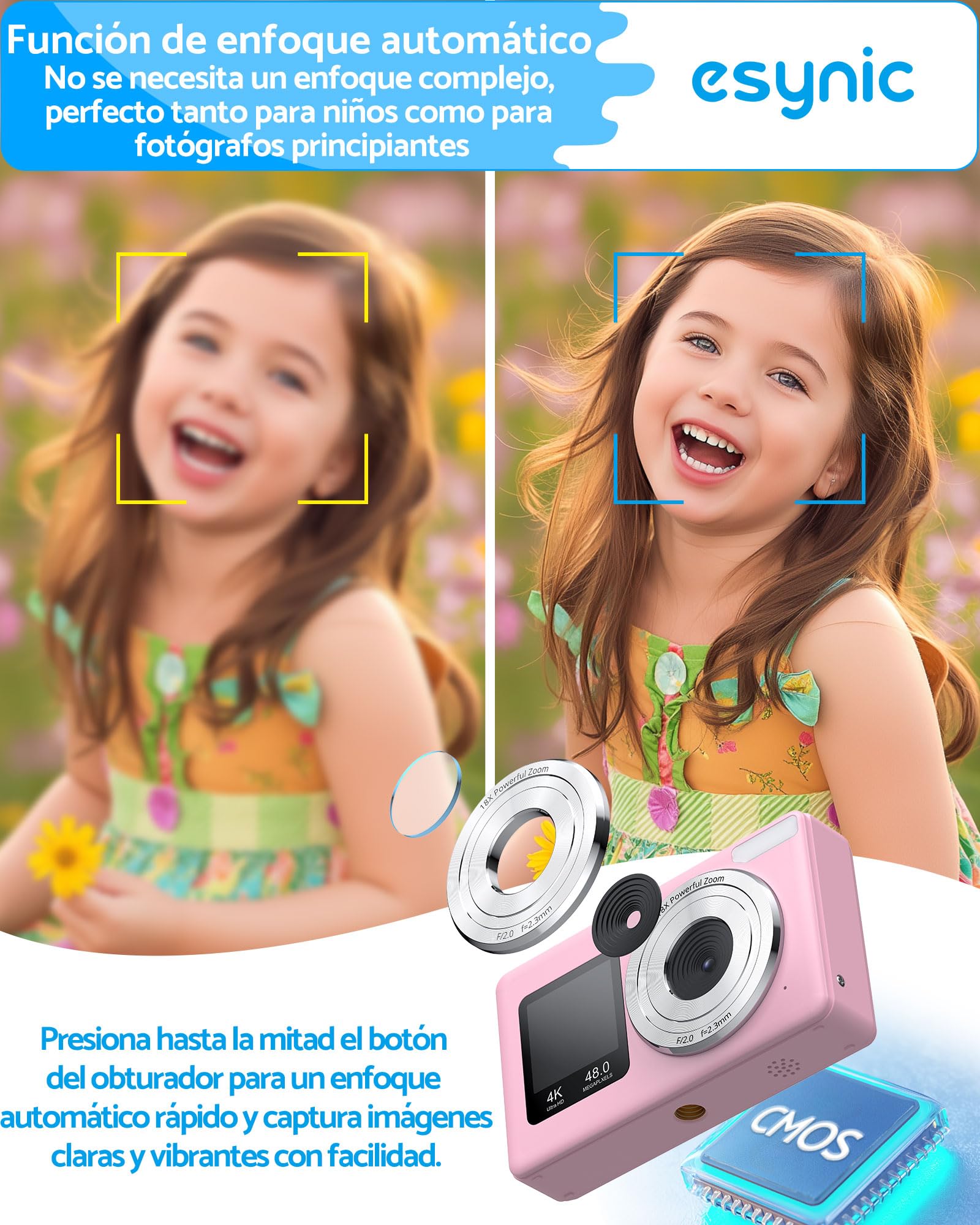 eSynic Cámara Fotos Infantil 4K 48MP con Tarjeta SD 32G, Zoom Digital 18X, Pantalla Dual para Selfies, Cámara Digital Compacta y Portátil para Niños y Principiantes, Ideal para Vlogging y Fotos
