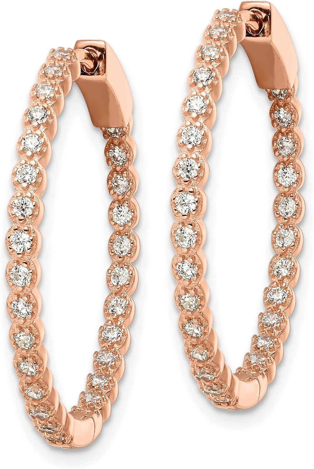 Sterling Silver Rose Gold Hoop Earrings for Women with Double Row Round Cut Cubic Zirconia, Elegant Everyday Hoops Featuring Sparkling Stones and Hinged Design, Fine Jewelry for Formal Wear - Image 2