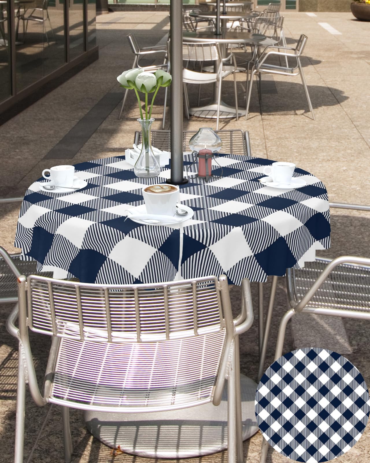 Outdoor Tablecloth Navy Blue Buffalo Check Plaid Round Patio Tablecloths 60 Inch, Table Cloths with Umbrella Hole and Zipper, Farmhouse Style Summer Table Cover for Outdoor Tables, Picnic, BBQS : Patio