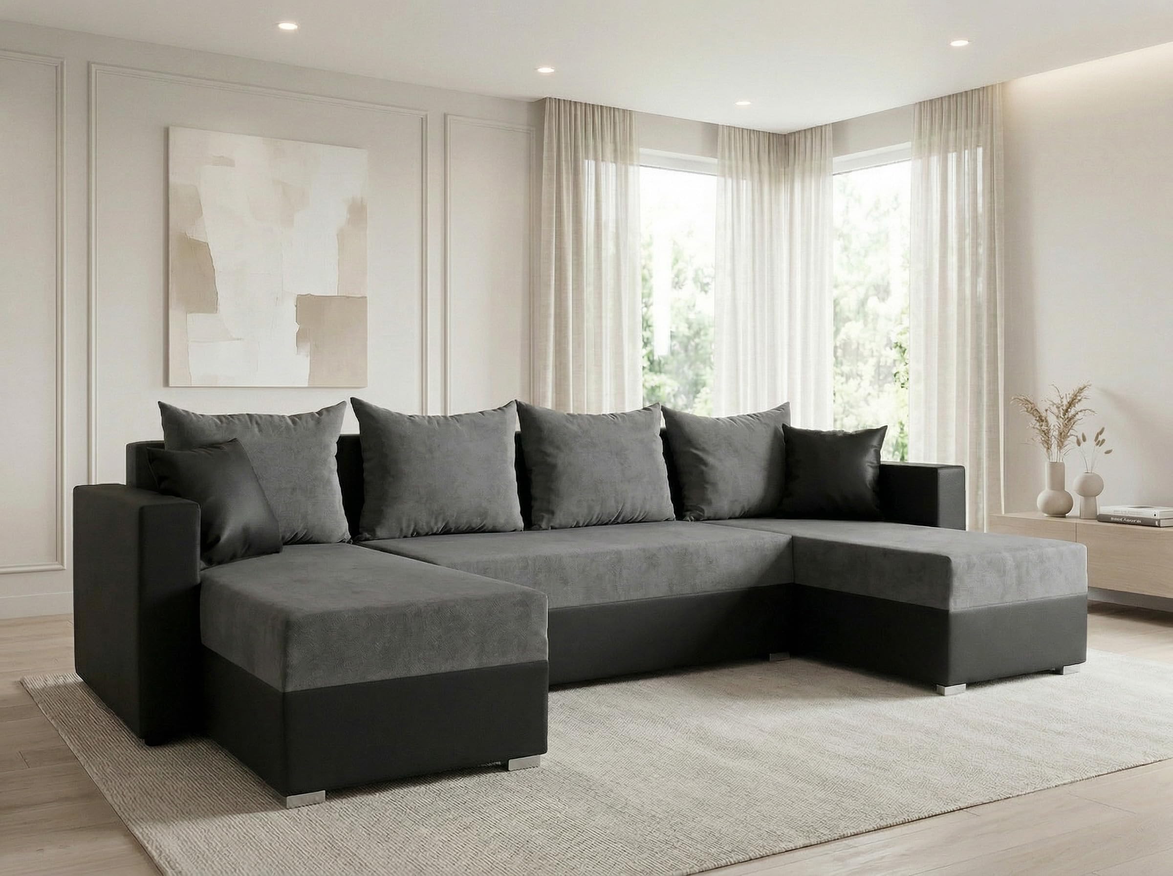 Sofnet Wohnlandschaft mit Schlaffunktion Beno - U-Form Couch, Ecksofa, Couchgranitur mit Bettfunktion, Polsterecke, Big Sofa, Polstergarnitur (Schwarz + Dunkelgrau (Cayenne 1114 + Enjoy 23))