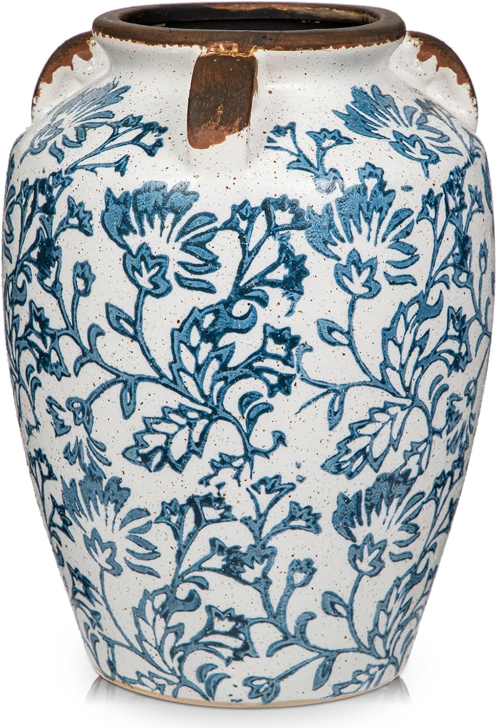 Ceramic Vintage Vase, 9.3" Rustic Blue and White Chinoiserie Floral Vase for Home Decors, Handcrafted Farmhouse Large Flower Vases for Living Room, Table, Bathroom,Centerpiece