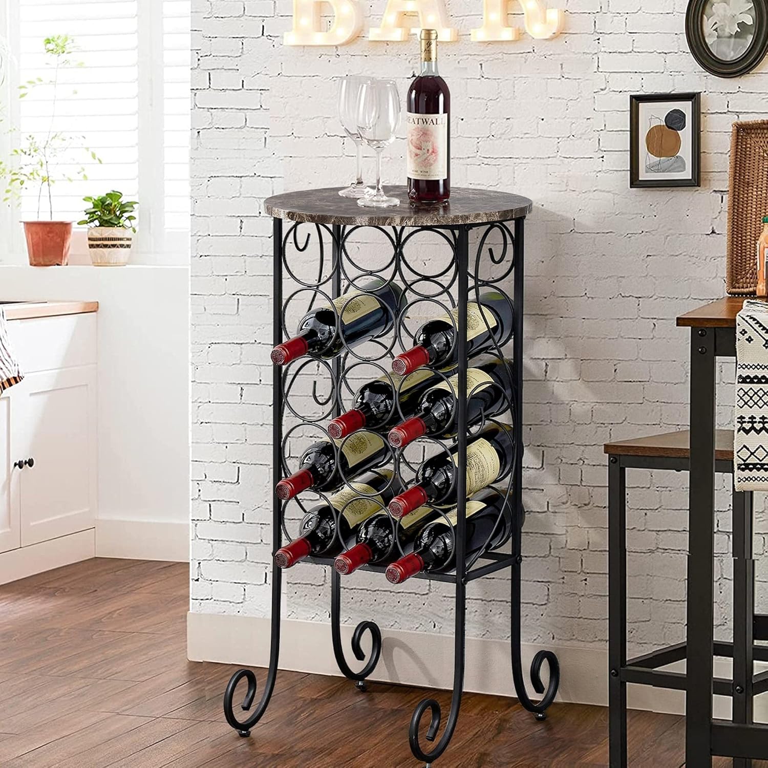 Modern Wine Rack Marble Table Top 15 Bottles Free Standing Metal Storage Organizer