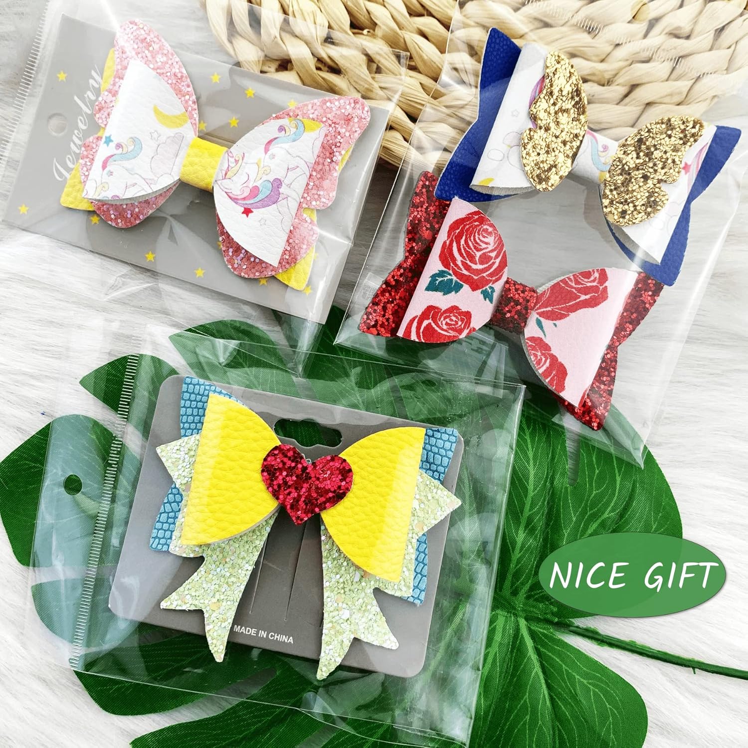 AOUXSEEM 348 Pcs 60 Set Faux Leather Hair Bows DIY Making Kit for Beginners, Contains Assorted Random Printed Glitter Solid Fabric Pre Cut Pieces, Make Stylish Hair Clips