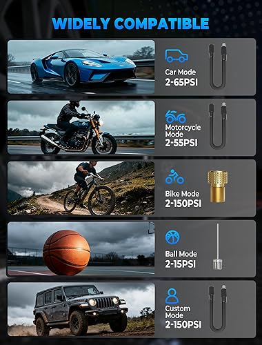 Miniatura 6 de Inflador de neumáticos, compresor de aire portátil, inflador de neumáticos inalámbrico de 150 PSI, apagado automático y luz LED, bomba de bicicleta