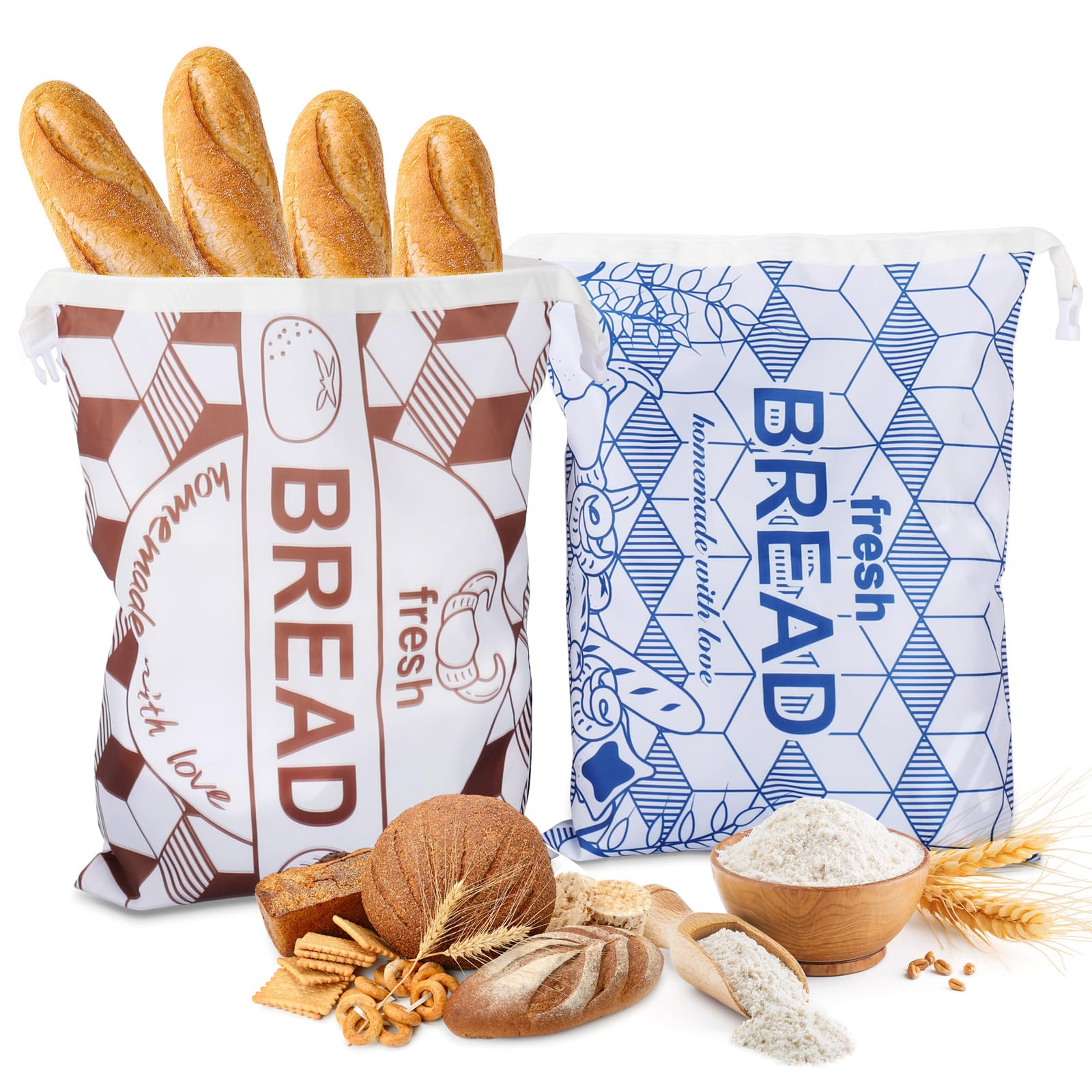 CONLI 2 Pack Homemade Bread Bags,Buckle Bread Container with TPU Lining,Reusable Storage for Artisan Bread,Fresh Storage Bags-Blue, Brown - 16.92”x 12.59” XL