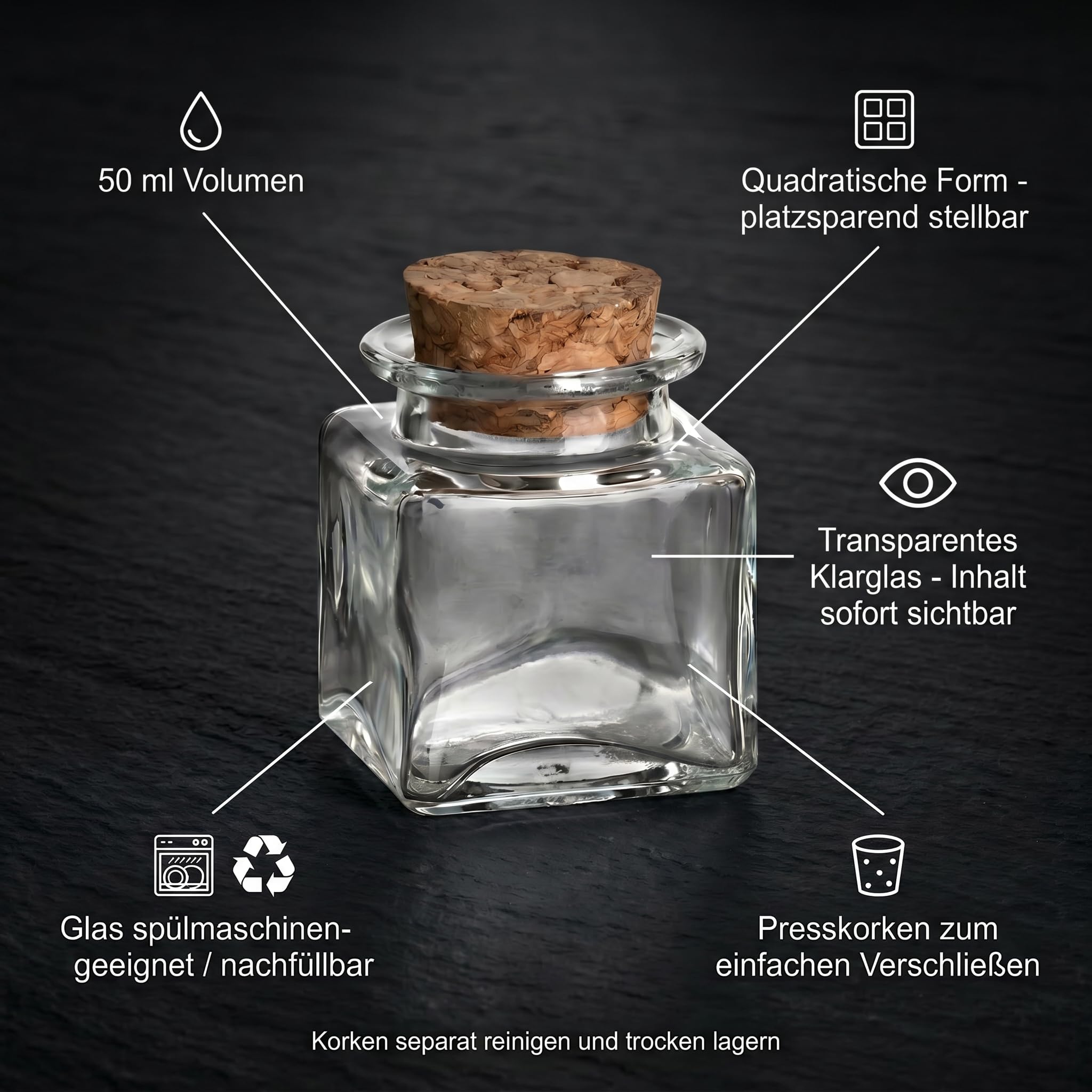 gouveo Set da 24 barattoli quadrati per spezie da 50 ml con tappo in sughero – Piccoli vasetti in vetro per erbe e spezie (KGE050PK)