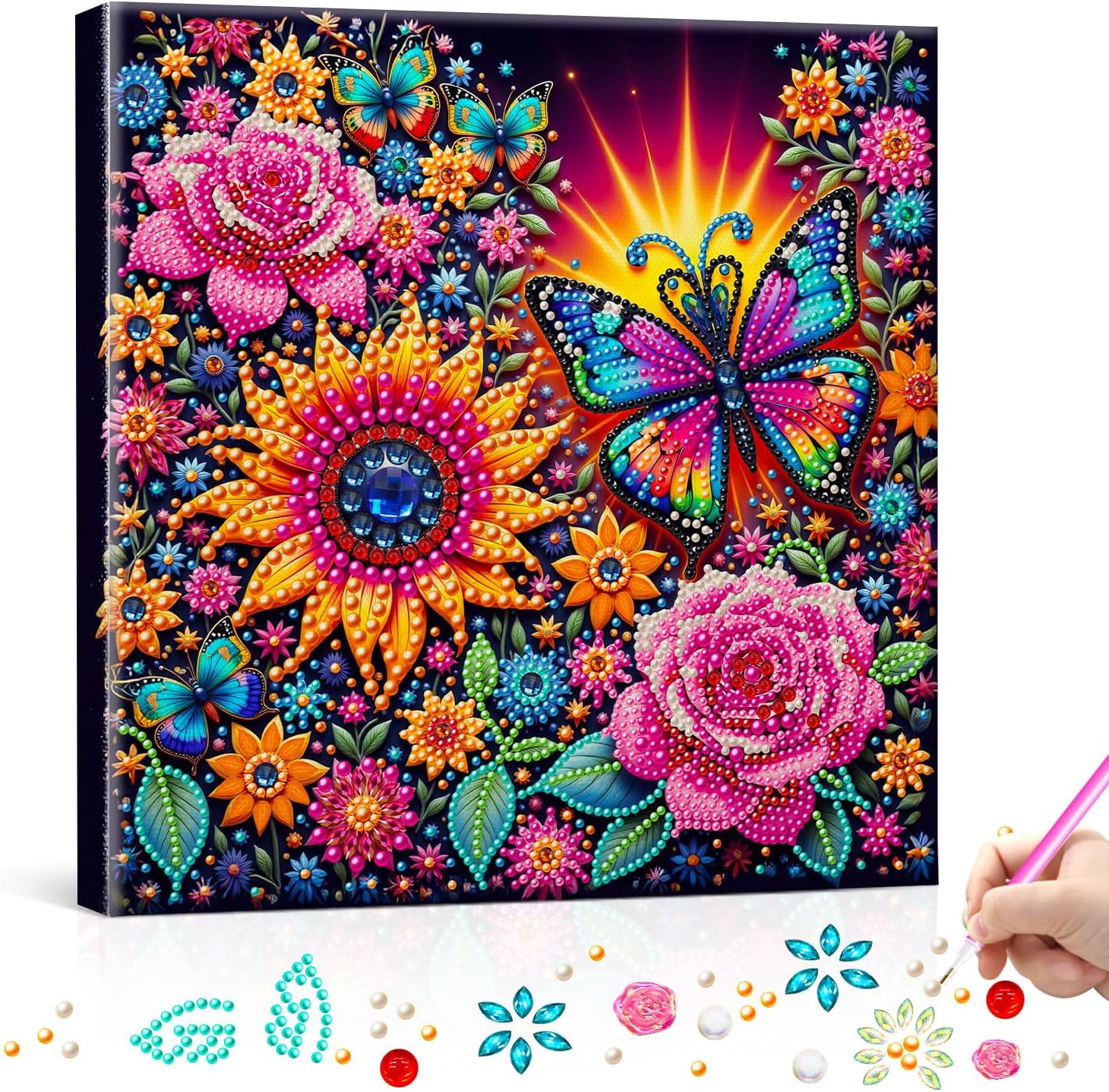 POETRYDRAW Pearl Diamond Art Painting Kit with Frame 11.42 x 11.42 inch, DIY Pearl Beads Art Craft for Adults - Beginner Friendly Framed Canvas Wall Decor Gift Idea (Flower Butterfly)