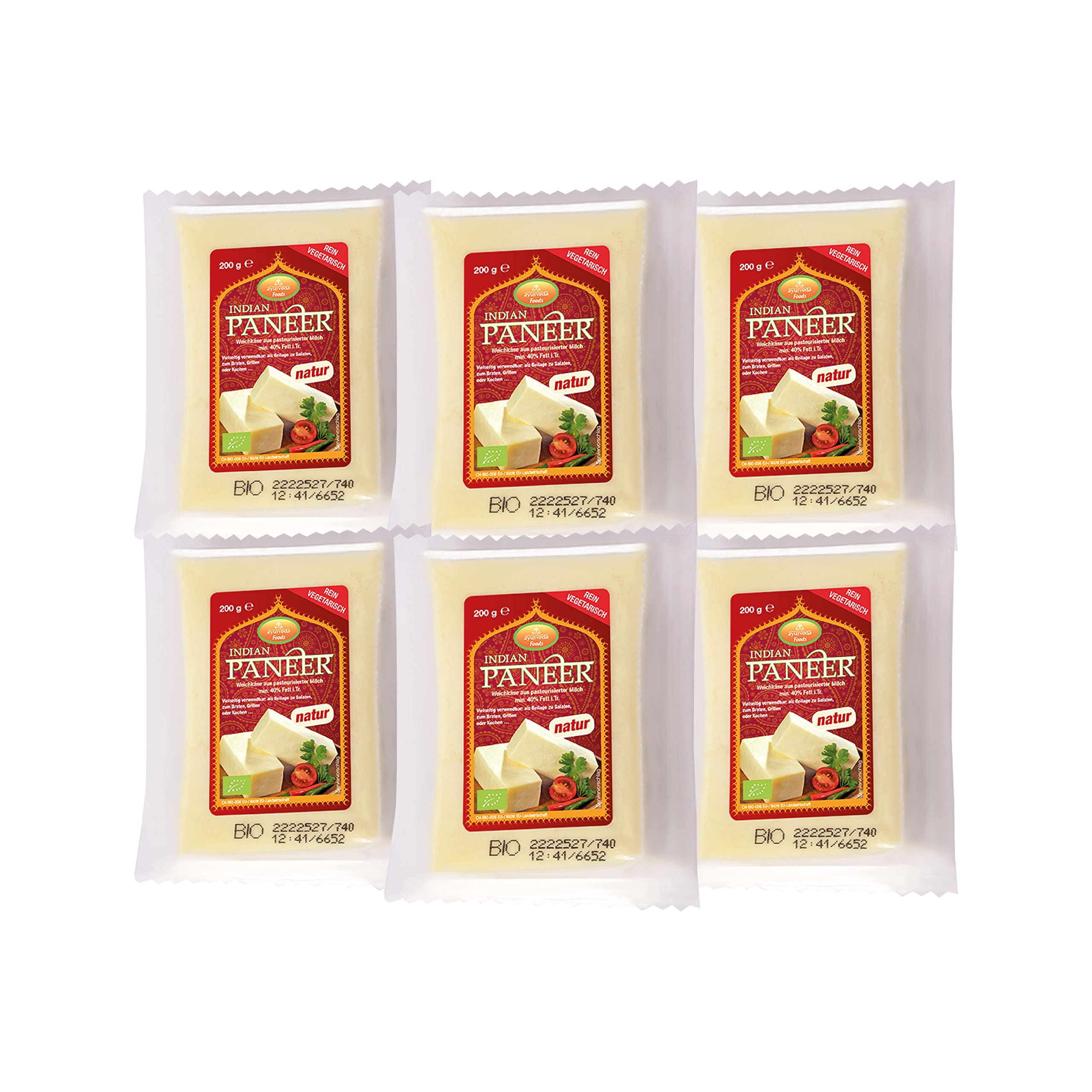 Ayurveda Foods - Bio Paneer (Panir) Käse Natur 6er Set à 200g Vegetarisch Organic, frei von Konservierungsstoffen oder künstlichen Aromen 100% aus Bio-Milch