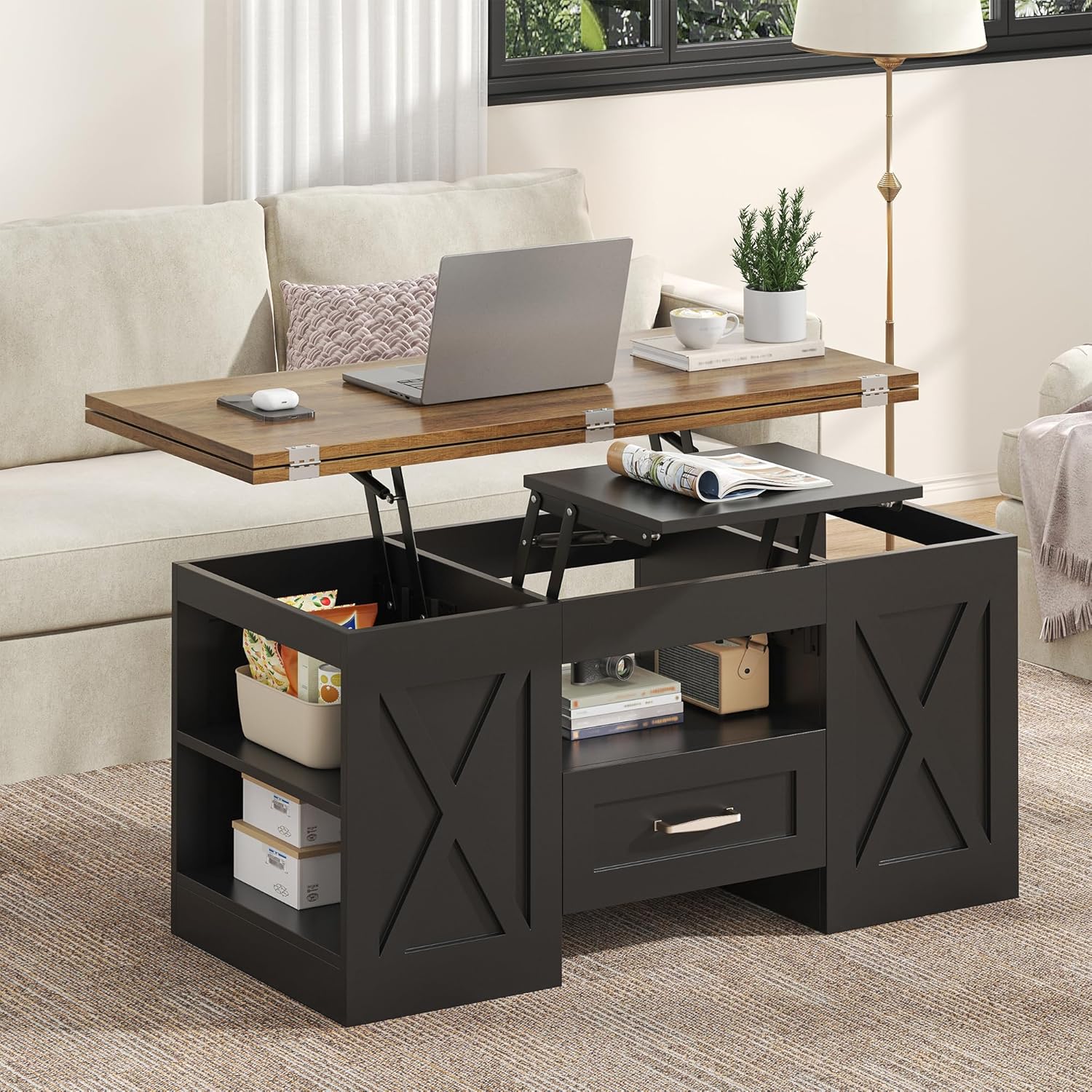 40" Lift Top Coffee Table, 4 in 1 Multi-Function Lift Coffee Tables with Storage Drawers and Hidden Compartmen, Farmhouse Coffee Table Converts to Dining Table (Retro Brown+Black)