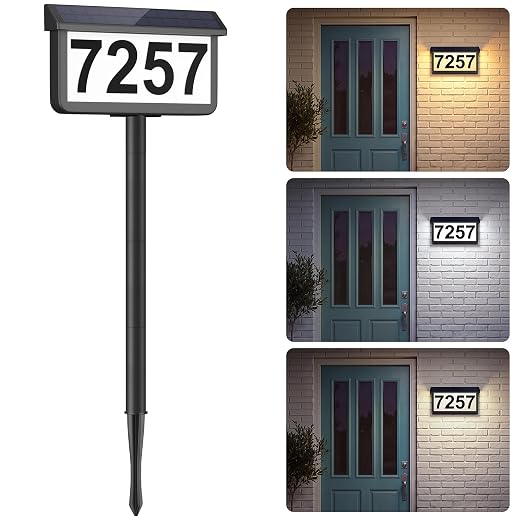 ASOMST Solar Address Sign, House Numbers for Outside Yard Waterproof, 3 Colors Wall Mounted LED Illuminated Address Plaque, Address Number With Stake