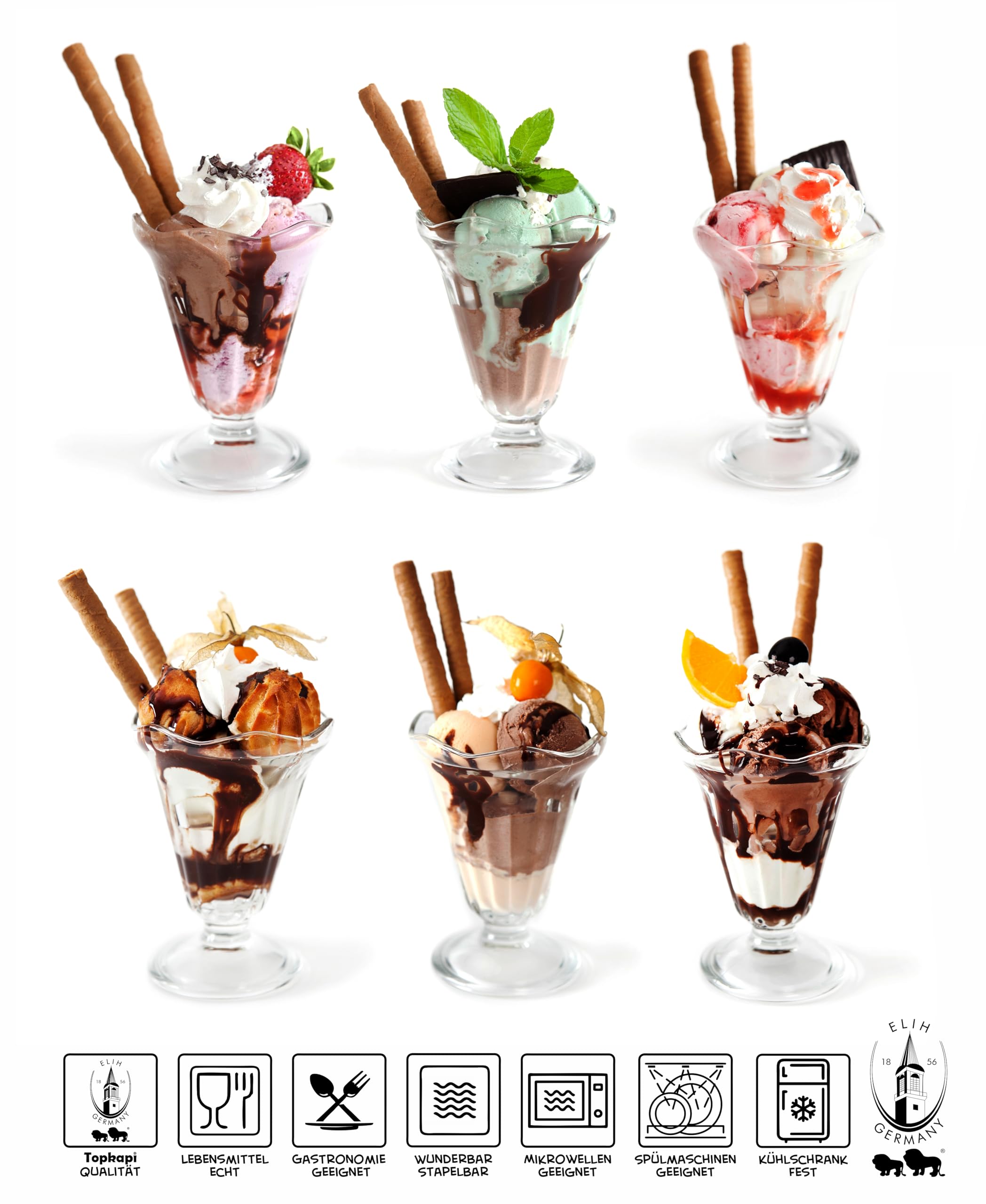 Topkapi 250.872 – 6 kubków do lodów Chicago, miseczki deserowe, szklanki do koktajli, Ice Cream Sundae, 23,5 cl, wys. 13 cm