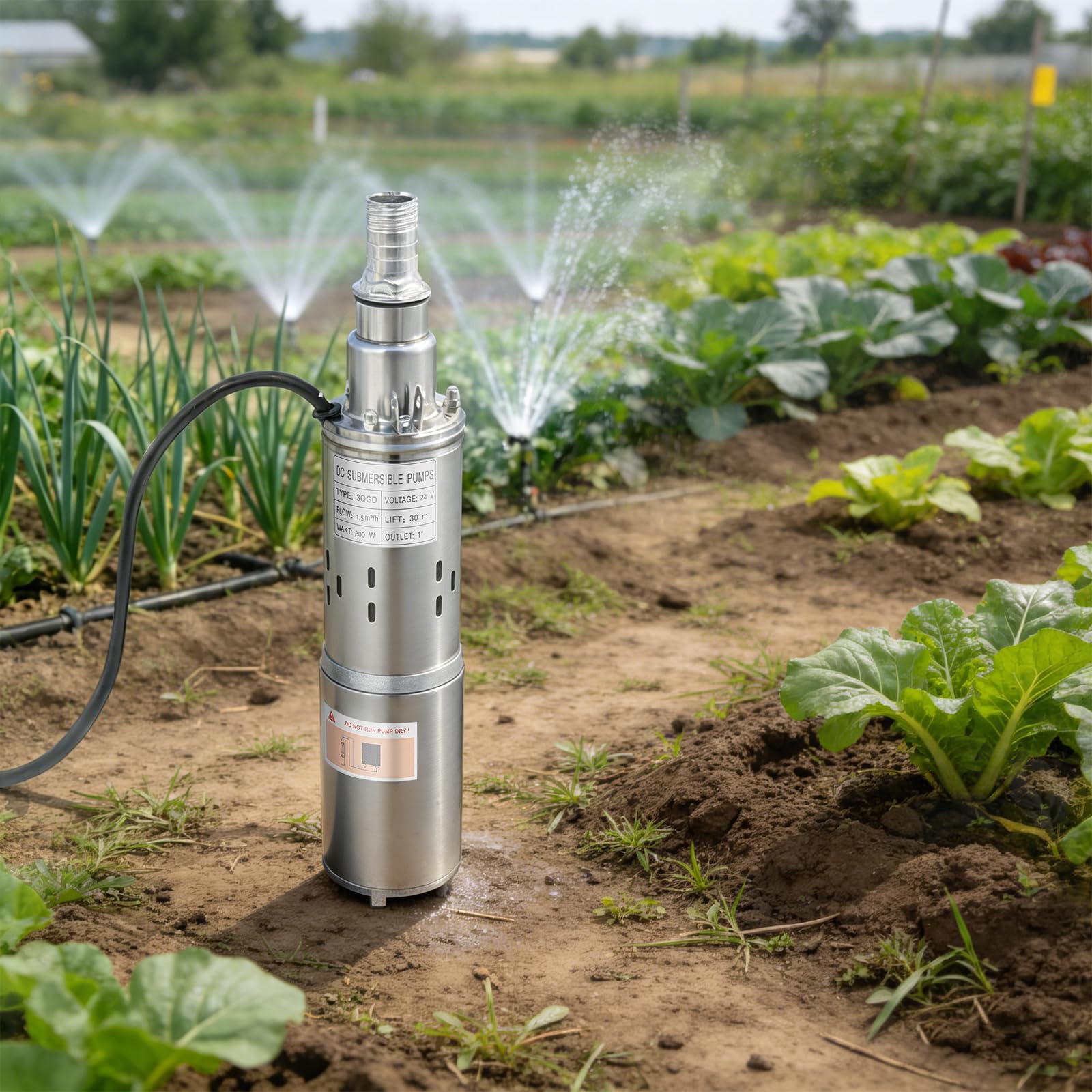 Bomba sumergible, 24 V 200 W, bomba de agua de acero inoxidable para pozos profundos con bomba sumergible 1,5 m³/h, altura de elevación de 30 m, bomba de agua solar, protección contra