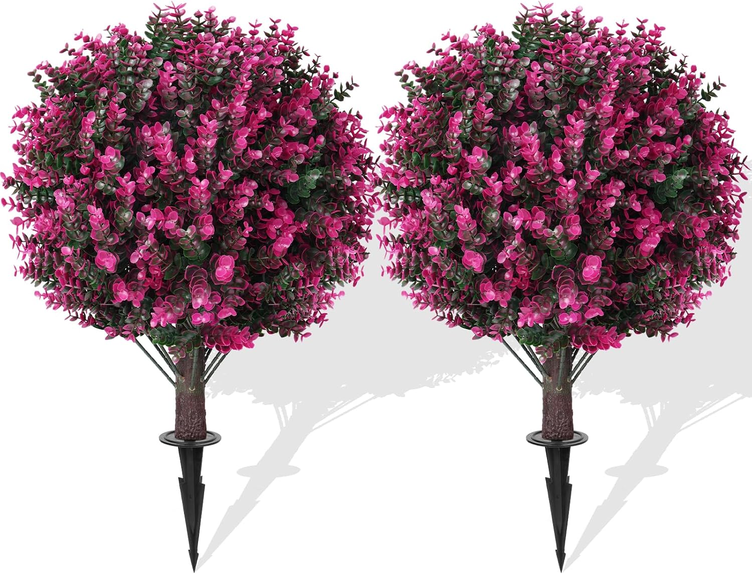 artificial pink eucalyptus topiary ball trees with ground spike, 2 pack 16 inches uv resistant artificial shrubs, fake evergreen artificial plant brush for indoor outdoor front porch garden
