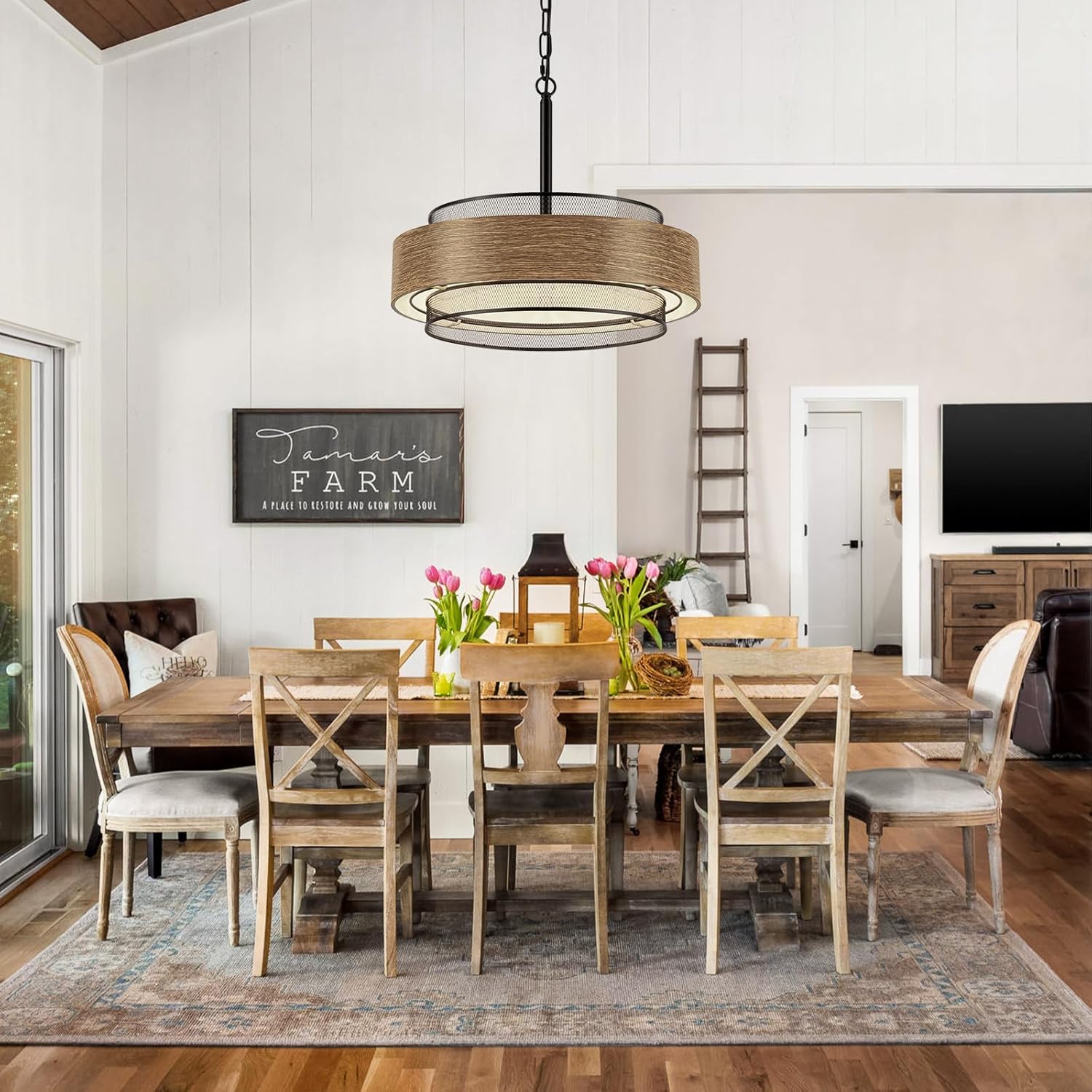 19.7 inch Farmhouse Chandeliers for Dining Room, 5-Light Rustic Large Round Black Chandelier Metal Wood Texture Interior Hanging Lighting for Entryway Kitchen Island Foyer Bedroom Living Room