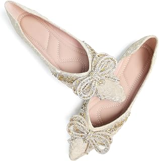 Bow-Knot Ballet Flats for Women Pointed Toe Crystals Wedding Shoes Comfort Light Weight Loafers