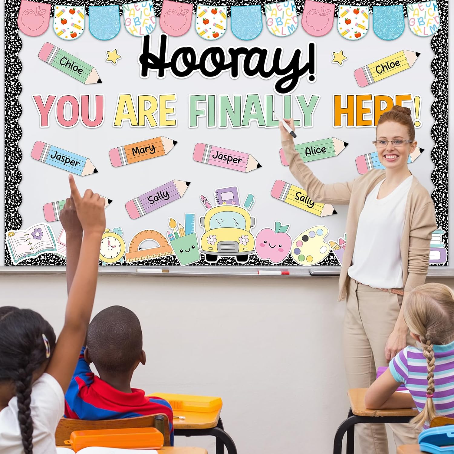 Back to School Bulletin Board Decorations Composition Notebook Bulletin Board Set Colorful Notebook Pencil Paper Cutouts Hooray You're Finally Here for First Day of School Classroom Decor Supplies image 5