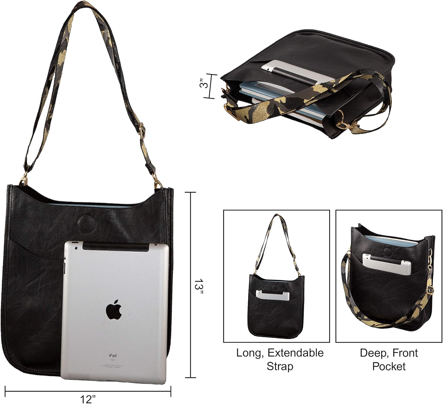 Pinafore Vegan Leather Crossbody Fashion Shoulder Bag | Soft, Magnetic Closure Handbag Purse for Women with Adjustable & Removable Guitar Strap, Black: Handbags: 