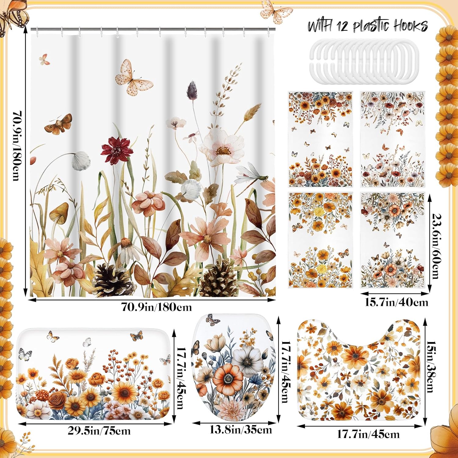 Honoson 8 Pcs Spring Floral Shower Curtain Set with Rugs and Kitchen Towels Wildflower Farmhouse Shower Curtain Bathroom Set for Farmhouse Country Summer Housewarming Gifts Decor