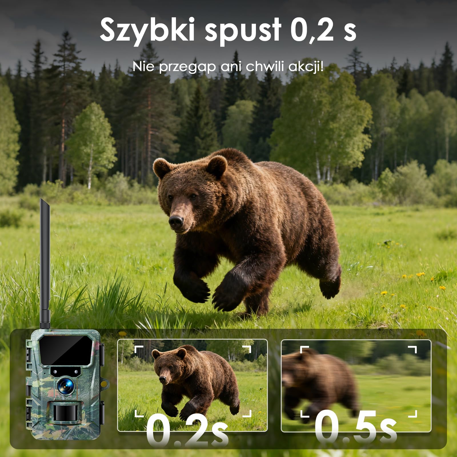 WOLFANG 4G LTE Cellular Wildlife, bateria 5200 mAh, kamera komórkowa 2K ze sterowaniem aplikacją, super noktowizor, wyświetlacz 2.0'TFT, aktywowany ruchem wyzwalacza 0,2 s, wodoodporność IP66
