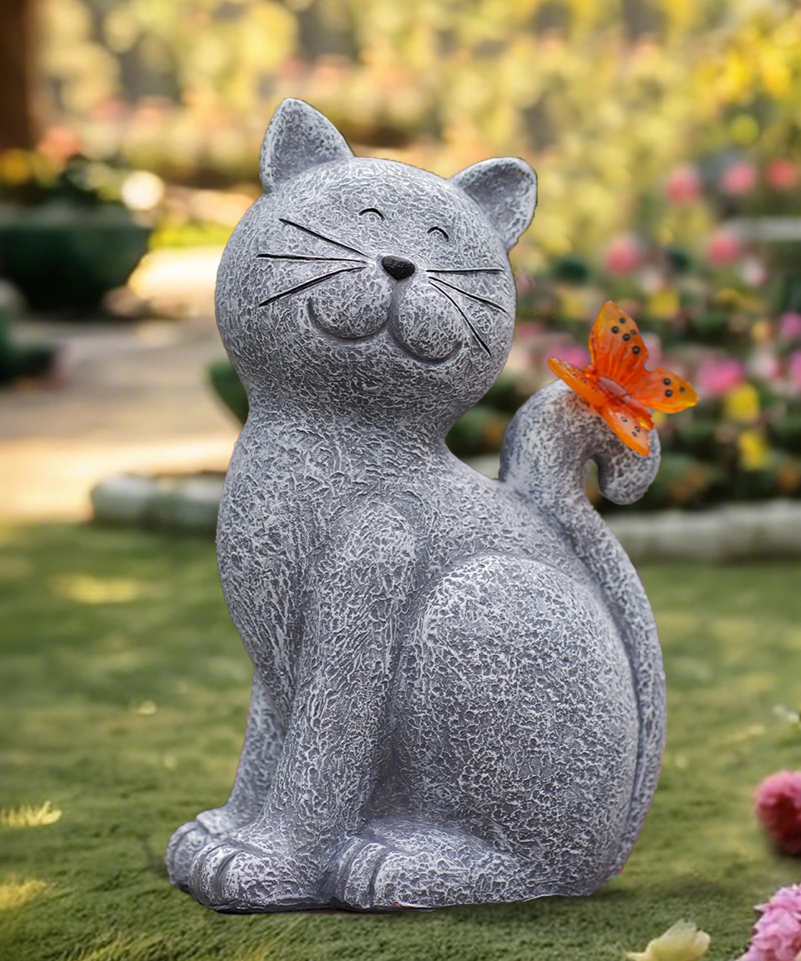 Yeomoo Katzen Figuren mit Solar Schmetterling Deko Wohnzimmer Gartendeko für draußen: Lustig katze Geschenk für Frauen Mama Geburtstagsgeschenk Gartenfiguren Wasserdicht Zimmer Garten Balkon Deko Grau
