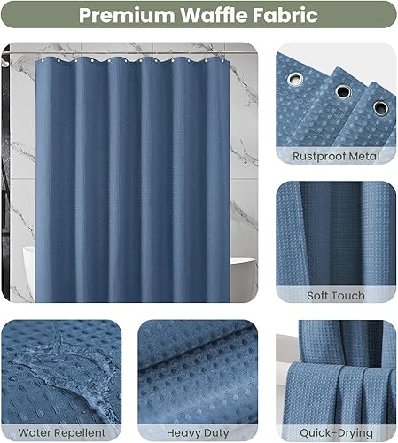 Miniatura 3 de Inhousolu - Cortina de ducha de tela con tejido de gofre, color azul claro de luna resistente de 7.16 ozm, dobladillo pesado, 14 ganchos de metal,