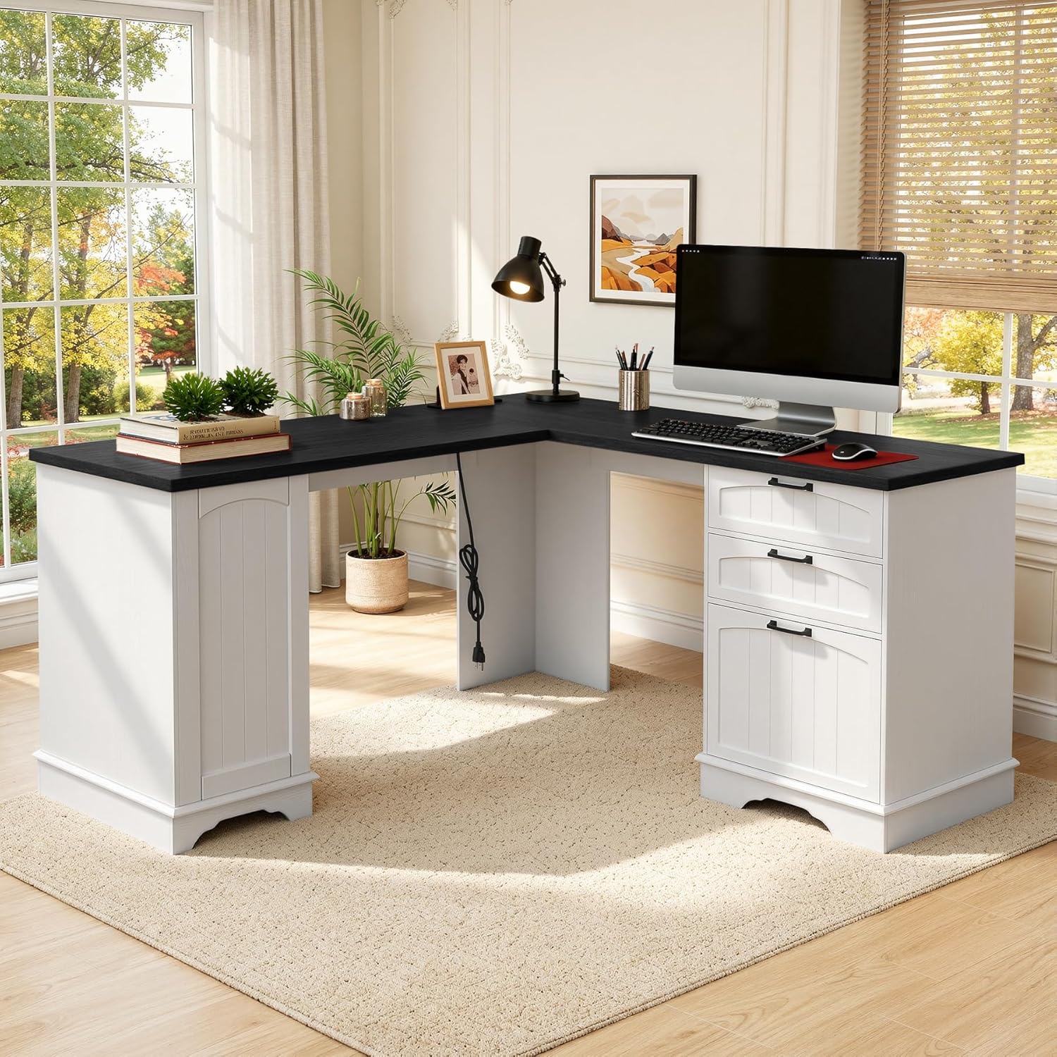59" Farmhouse L Shaped Desk, Large Office Computer Desk with Power Outlets,Storage Cabinet & Double Pedestal, Home Office Desk for Work, Study, Writing,Black and White